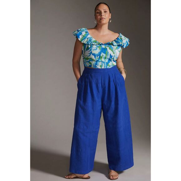 Maeve by Anthropologie Puff-Sleeve Cropped Blouse Tropical Floral Ruffle Sz  M B - Picture 3 of 13